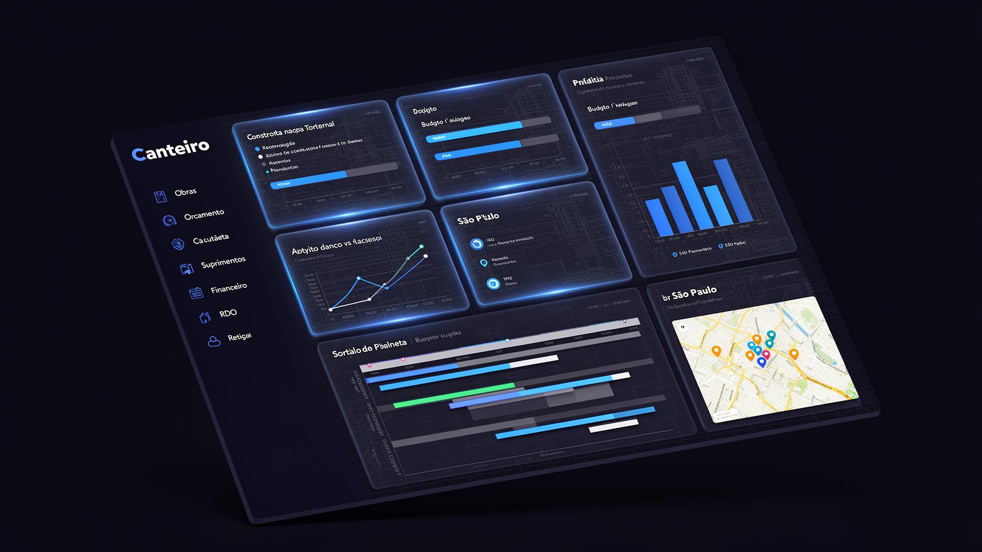 Dashboard do Canteiro mostrando obras, orçamento e cronograma